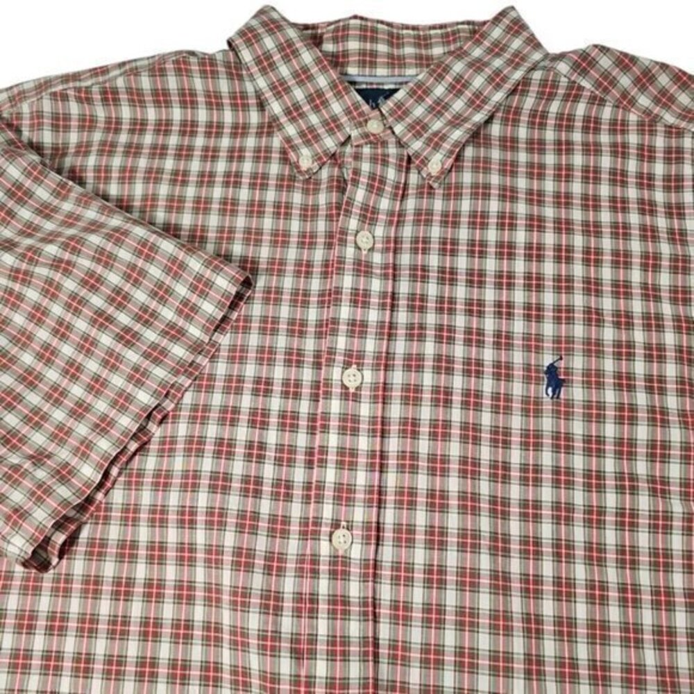 Ralph Lauren Classic Fit Short Sleeve Red Green‎ White Button Down Shirt Size XL